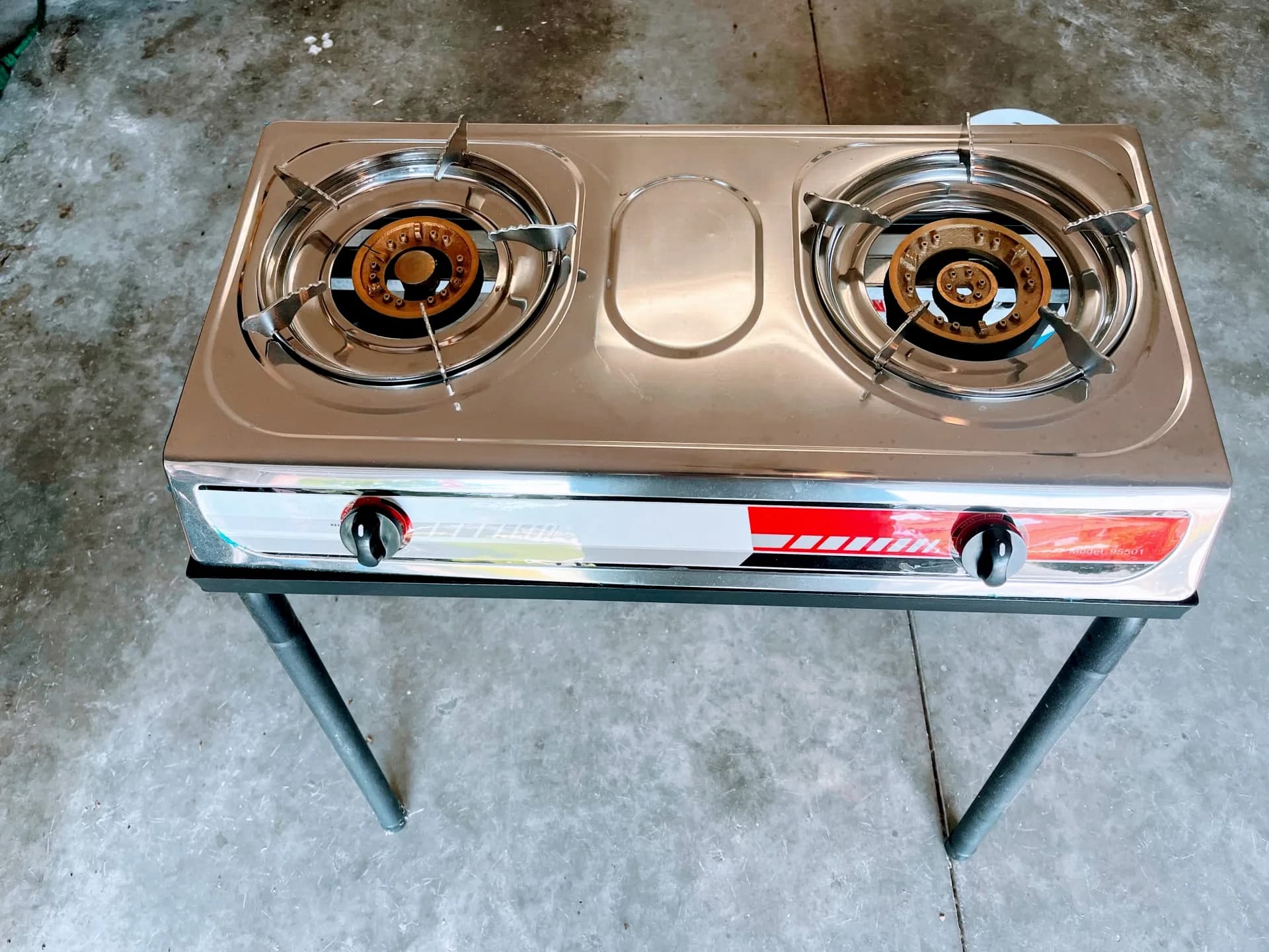 Two-Burner Camping Stove with Full Gas Tank and Gas Meter
